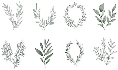 Hand-drawn wedding monogram with botanical floral branches, rustic greenery, and trendy homeplant elements, creating a unique and elegant logo design.