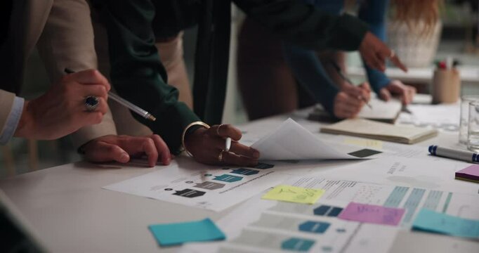 Business people, hands and documents with project for meeting, schedule planning or deadline at office. Closeup, group or team working late at night with paperwork or sticky notes for agenda or tasks