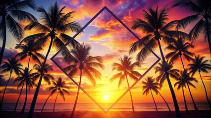 Sunset Palm Trees Silhouette Geometric Frame - Tropical Photography Background