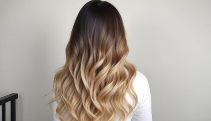 Obraz premium Long, wavy hair with an ombre effect transitioning from dark brown at the roots to a light blonde at the tips, viewed from the back. The background is a plain light color