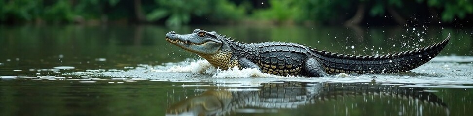Obraz premium An alligator's powerful tail thrashes back and forth as it charges through the water, creating a massive ripple in the swampy surface, predator, lake, fish