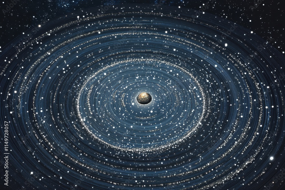 Poster intricate star map of the universe with circles and lines in a dark blue sci fi background