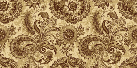 Intricate vintage floral damask pattern in warm brown tones.