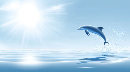 Joyful Dolphin Leaping Above Calm Ocean Waters with Bright Sunlight Creating a Serene and Inviting Atmosphere for Nature or Marine Life Themes