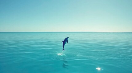 Playful Dolphin Leaping Above Calm Blue Ocean Waves under Clear Sky Captured in a Serene Coastal Landscape, Perfect for Nature and Marine Life Themes