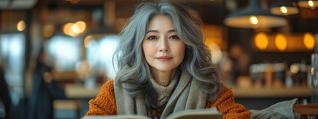 Obraz premium Smiling brunette model with beautiful eyes enjoying a casual night out in a city cafe