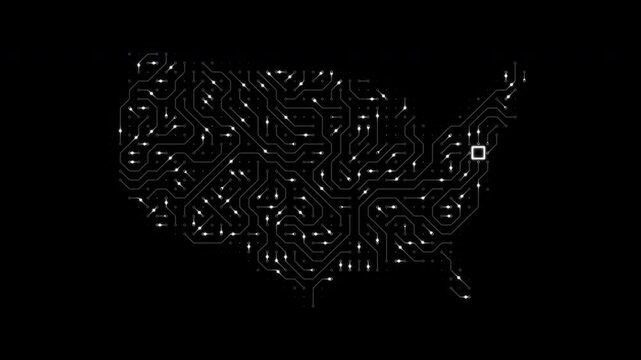 USA - country map, circuit board, digital tech background. Seamless loop.