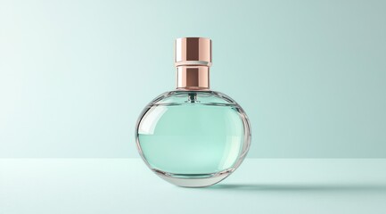 Round glass perfume bottle with rose gold cap on light green background.