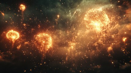 Naklejka premium Fiery fireworks exploding in night sky.