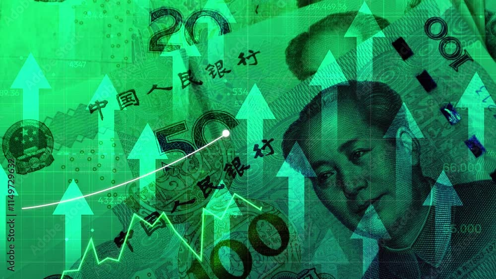 Poster chinese currency yuan going upward shown with arrows and green graph 4k animation. yuan currency wit