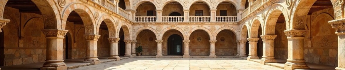 Arches in Spanish courtyard with intricate stone carvings, ancient, arcs