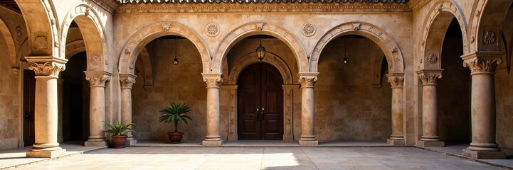 Fototapeta premium Arches in Spanish courtyard with intricate stone carvings, classical, architecture, gothic