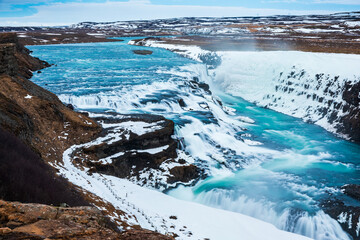 Gullfoss waterfall in Winter (bird's eye view), Iceland
