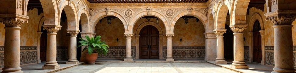 Obraz premium Arches of a historic Spanish courtyard with intricate stone carvings and ornate tile work, ancient, classical