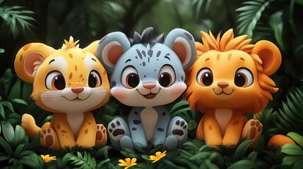 Fototapeta premium Three adorable baby jungle cats sitting together.