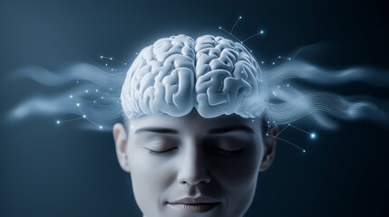 Obraz premium A person with a glowing brain, surrounded by digital data visuals representing intelligence and creativity.