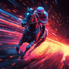 A dynamic depiction of a horse racing at high speed, with vibrant colors and motion effects enhancing the sense of energy and excitement.