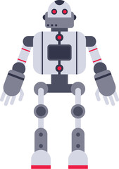 Futuristic robot standing with arms open, red glowing eyes and a screen on its chest, representing advanced technology and artificial intelligence