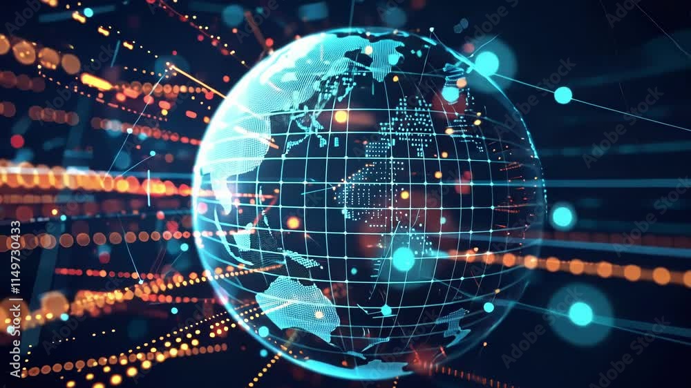 Poster complex network of interconnected nodes and lines forming a world map, symbolizing global data excha