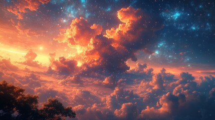 Fototapeta premium Fiery sunset clouds, starry night sky, breathtaking view.