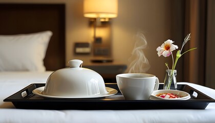 Room Service Tray with Covered Dish and Flower Vase