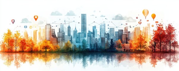 Fototapeta premium Autumn cityscape with skyline, trees, and digital data connections