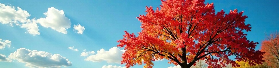 Fototapeta premium Autumn foliage of tulip tree against a bright blue sky, deciduous trees, landscape photography, colorful foliage