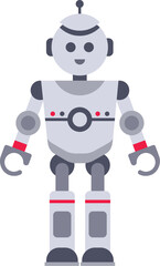 Gray and red robot standing with a smile on its face, representing artificial intelligence, automation, and future technologies in a minimalist and colorful flat design