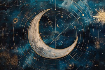 Obraz premium Enchanting banner showcasing astrology and celestial alchemy with a crescent moon design