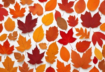 Obraz premium Various autumn leaves in shades of orange, red, and brown arranged on a white background. The leaves have different shapes and sizes, showcasing the diversity of fall foliage