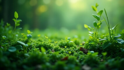New life and growth in green moss bathed in sunlight. Perfect for background nature, environmental, spring, or rebirth-themed projects