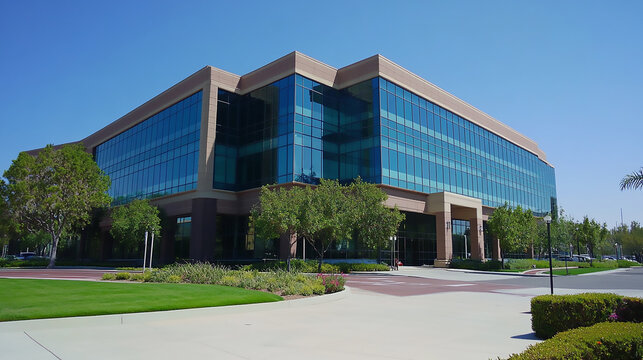 High-end commercial office building with large windows and concrete panels at highway corner in Glendora, California, modern architecture. silhouette of an office building in a sunset
