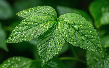 A closeup of raindrops on a vibrant green leaf, with a blurred background, symbolizing freshness and renewal