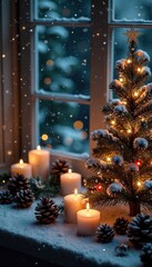 A winter wonderland scene with a choinka decorated by snowflakes, pinecones, and candles, pinecones, festive atmosphere