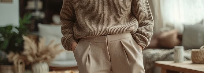 Cozy autumn attire showcasing a knitted sweater and tailored pants in a warm living room