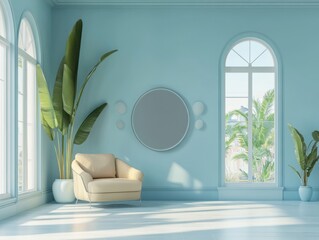 Serene blue room with armchair, plants, and arched windows.