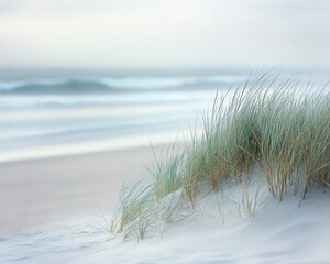 A peaceful beach scene with a closeup of sand and a softly blurred ocean in the background, conveying tranquility and coastal beauty