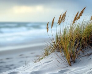 A peaceful beach scene with a closeup of sand and a softly blurred ocean in the background, conveying tranquility and coastal beauty