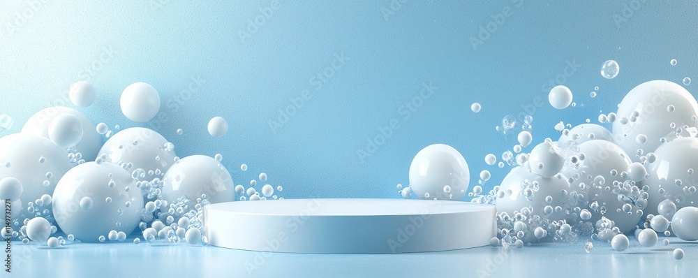 Aufkleber minimalistic blue background with an empty podium and floating spheres