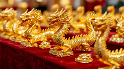 Fototapeta premium Golden Dragon Statues on Red Velvet- Realistic Image