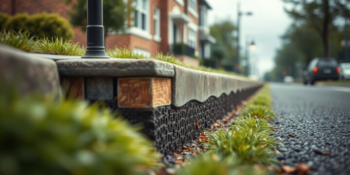 Landscaping detail featuring a retaining wall with integrated drainage system and planted grasses near a roadway.
