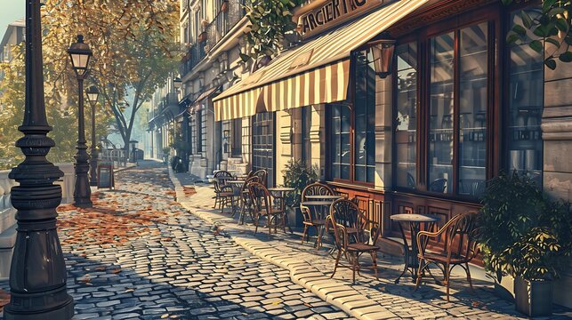 A quaint Parisian caf&eacute; with wrought-iron tables, a striped awning, and a cobblestone street with vintage lampposts