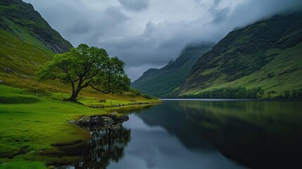 Obraz premium A dramatic stormy sky reflected on a serene lake, creating a moody scene.