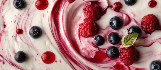 Modern art-inspired fruit soup with bold, abstract swirls of berry puree and yogurt 