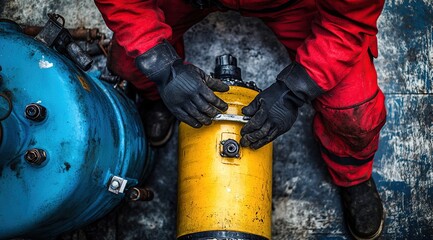 Worker Carefully Connects Industrial Cylinders Outdoors,  Maintaining Safety Procedures