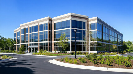 Modern glass office building with landscaped grounds at dusk. Modern glass office building with landscaped grounds.


