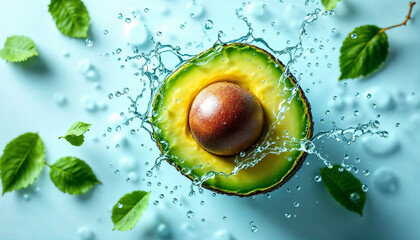 Avocado half surrounded by water splashes and green leaves on a light blue background