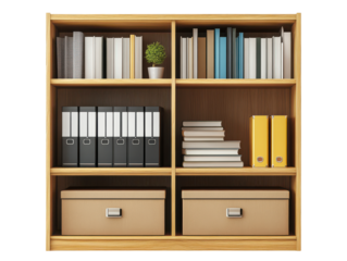 Organized bookshelves, wooden structure, books, binders, potted plant, storage boxes, tidy study room, simple elegance Isolated on white background or PNG