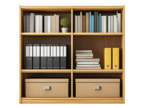 Organized bookshelves, wooden structure, books, binders, potted plant, storage boxes, tidy study room, simple elegance Isolated on white background or PNG