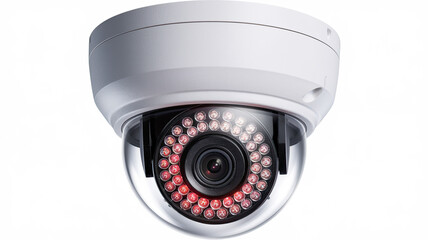 White Dome-Shaped Security Camera with Central Lens and Red LED Lights, Mounted on a Circular Base, Set Against a White Background, Highlighting Modern Surveillance Technology and Minimalist Design